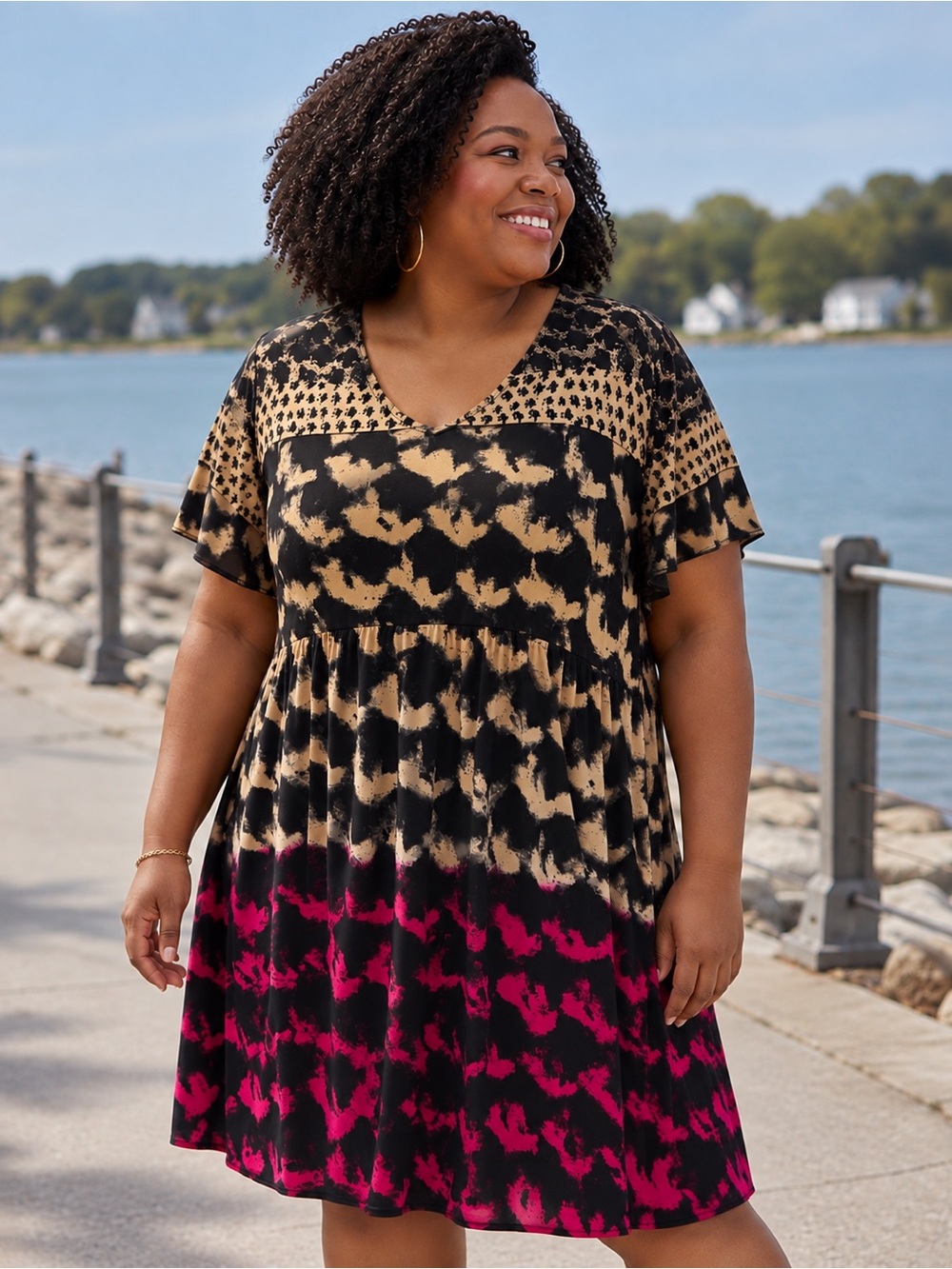 Lane Bryant Plus Size 18/20 Mixed Animal Print Babydoll Dress Black Pink Tan